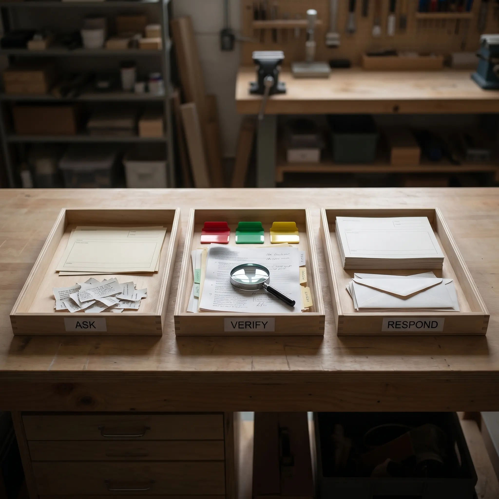 Three evidence trays with blank forms and source fragments